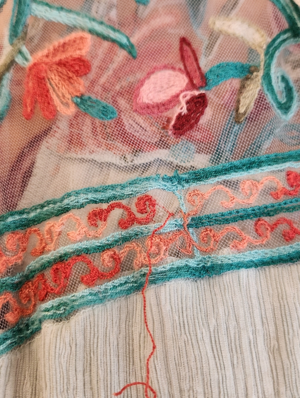 Tassels N Lace Women's Boho Embroidered Mini Dress in Seafoam, Size S - Picture 7 of 10